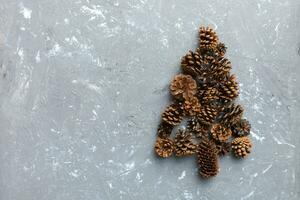 Christmas tree made from natural cones on colored background, view from above. New Year minimal concept with copy space photo
