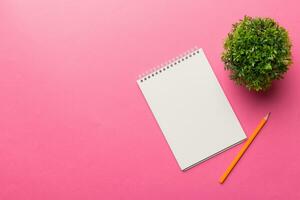 Modern office desk table with notebook and other supplies with green tree. Blank notebook page for you design. Top view, flat lay photo