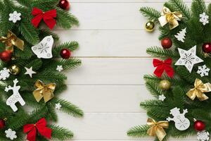 Christmas background with fir branches and Christmas decor. Top view, copy space for text photo