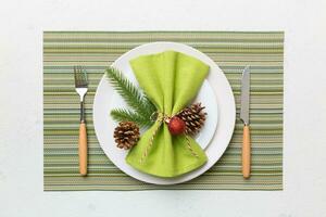 Christmas dinner background with rustic decorations and kitchen utensil . View from above photo
