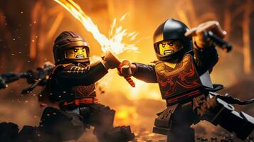 Lego warriors battling in a fierce epic duel AI Generative photo