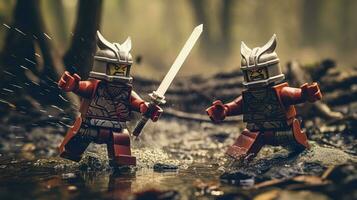 Lego warriors battling in a fierce epic duel AI Generative photo