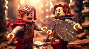 Lego warriors battling in a fierce epic duel AI Generative photo