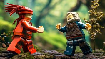 Lego warriors battling in a fierce epic duel AI Generative photo