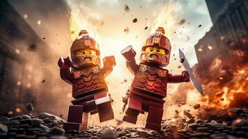 Lego warriors battling in a fierce epic duel AI Generative photo