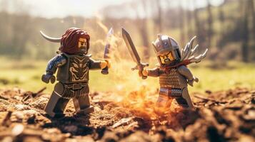 Lego warriors battling in a fierce epic duel AI Generative photo