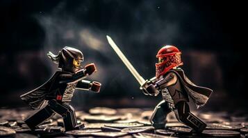 Lego warriors battling in a fierce epic duel AI Generative photo