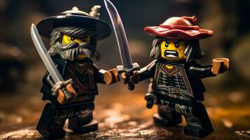 Lego warriors battling in a fierce epic duel AI Generative photo