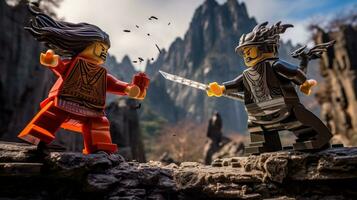 Lego warriors battling in a fierce epic duel AI Generative photo