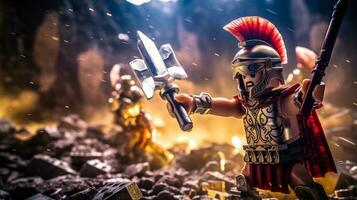 Lego warriors battling in a fierce epic duel AI Generative photo