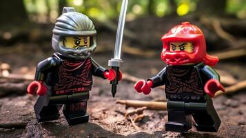 Lego warriors battling in a fierce epic duel AI Generative photo