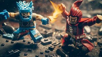 Lego warriors battling in a fierce epic duel AI Generative photo