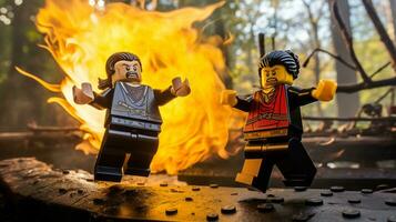 Lego warriors battling in a fierce epic duel AI Generative photo