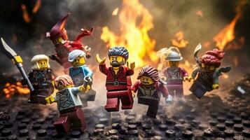 Lego warriors battling in a fierce epic duel AI Generative photo