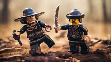 Lego warriors battling in a fierce epic duel AI Generative photo