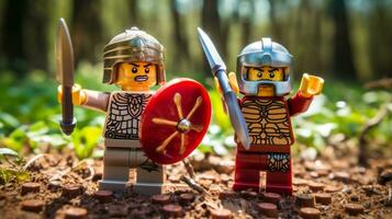 Lego warriors battling in a fierce epic duel AI Generative photo