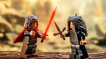 Lego warriors battling in a fierce epic duel AI Generative photo