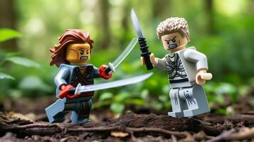 Lego warriors battling in a fierce epic duel AI Generative photo