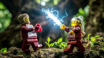 Lego warriors battling in a fierce epic duel AI Generative photo