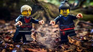 Lego warriors battling in a fierce epic duel AI Generative photo