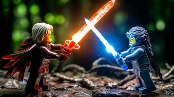 Lego warriors battling in a fierce epic duel AI Generative photo