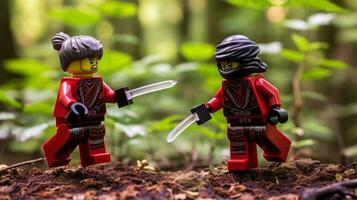 Lego warriors battling in a fierce epic duel AI Generative photo