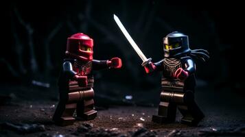 Lego warriors battling in a fierce epic duel AI Generative photo