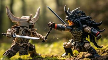 Lego warriors battling in a fierce epic duel AI Generative photo