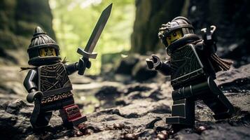 Lego warriors battling in a fierce epic duel AI Generative photo