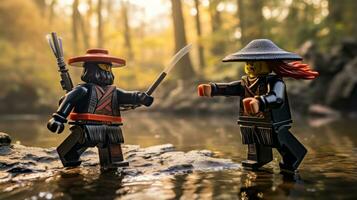 Lego warriors battling in a fierce epic duel AI Generative photo