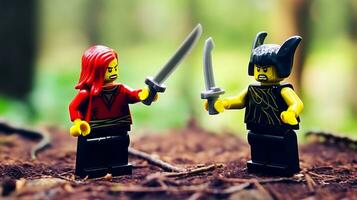 Lego warriors battling in a fierce epic duel AI Generative photo