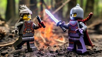 Lego warriors battling in a fierce epic duel AI Generative photo