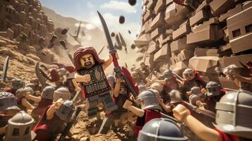 Lego warriors battling in a fierce epic duel AI Generative photo