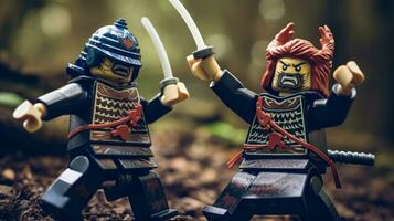 Lego warriors battling in a fierce epic duel AI Generative photo