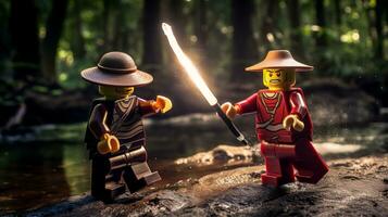 Lego warriors battling in a fierce epic duel AI Generative photo