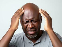 Black man with pain on neutral background AI Generative photo