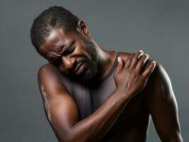 Black man with pain on neutral background AI Generative photo