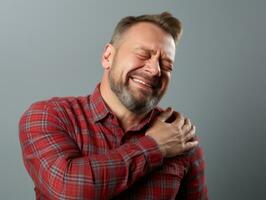 hombre con dolor en neutral antecedentes ai generativo foto