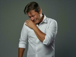 Man with pain on neutral background AI Generative photo