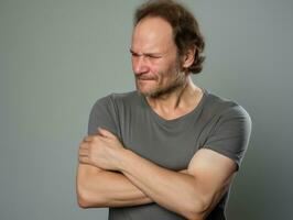 Man with pain on neutral background AI Generative photo