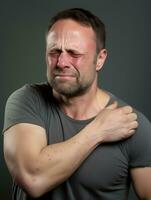 Man with pain on neutral background AI Generative photo