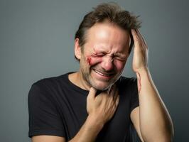 Man with pain on neutral background AI Generative photo