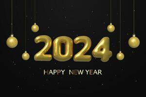 2024 Happy New Year with gold script and hung ball on isolated background vector