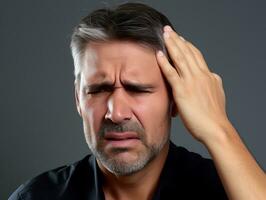 Man with pain on neutral background AI Generative photo