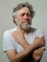 Man with pain on neutral background AI Generative photo
