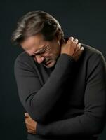Man with pain on neutral background AI Generative photo