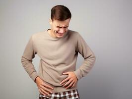 Man with stomachache on neutral background AI Generative photo
