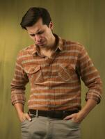 Man with stomachache on neutral background AI Generative photo
