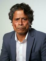 Mexican man with pain on neutral background AI Generative photo