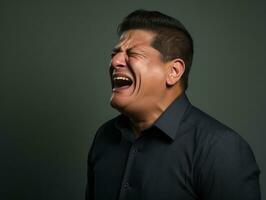 Mexican man with pain on neutral background AI Generative photo